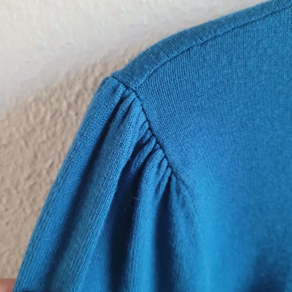 Loft Sweater Medium Teal Puff Sleeve Solid Round Neck Long Sleeve Soft 593282 - Picture 7 of 16